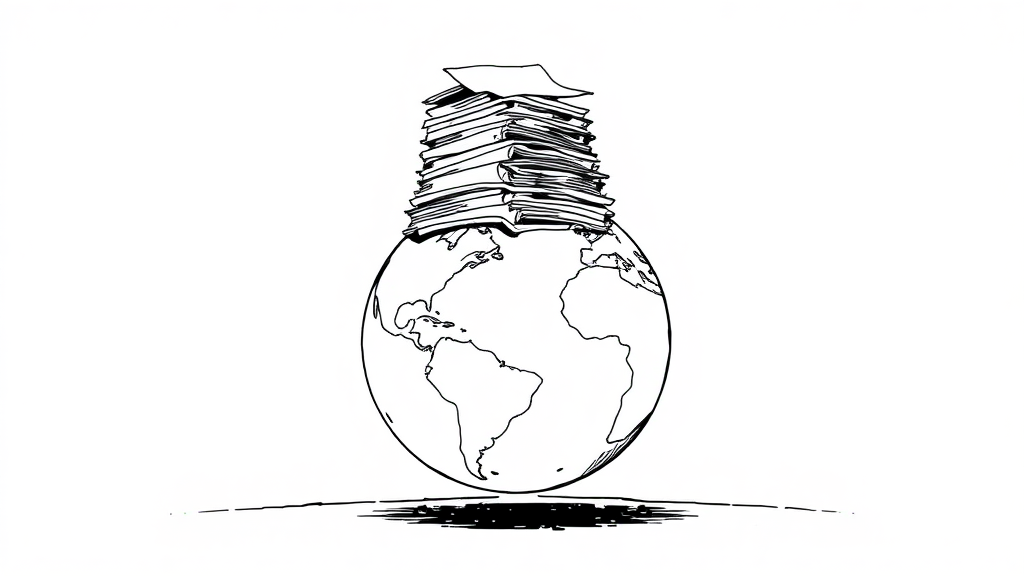 Create a comic image with a comic drawing of a globe showing it getting overwhelmed by a massive stack of papers that goes to the stratosphere. The style is a minimalist drawing with only black ink.