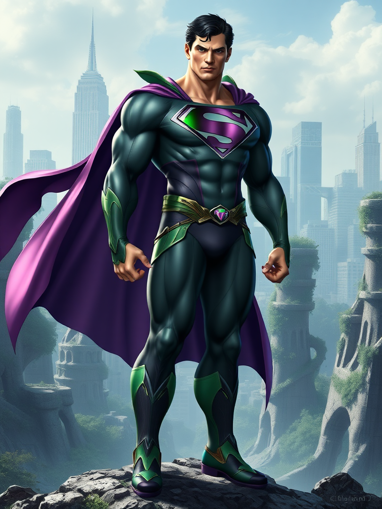 Create a full-length image of Superman with the female body traits of Ivy from Soul Caliber, retaining his head and face. His physique should have Ivy's lithe, muscular build, with toned arms, legs, and a narrow waist. Modify his core costume to fit, incorporating Ivy's green and purple color scheme and leaf-like embellishments. Place him in a background blending Metropolis' skyline with Ivy's lush, overgrown ruins.