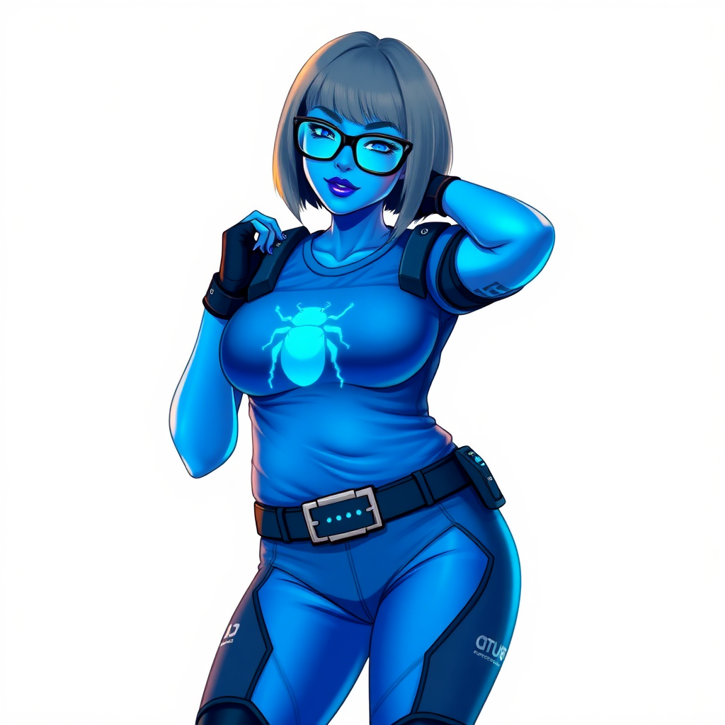 A 28-year-old, full-figured, metallic maximum blue (5PB 5/10) skinned computer program hybrid with a maximum blue bob cut. She has a non-athletic build, highlighted by a prominent, round, large midsection (with emphasis on her round large belly), which shows the effects of her new love of junk food acquired from her boyfriend. As the full-figured, nerdy, digital sidekick to her cyberpunk vigilante boyfriend, her metallic maximum blue skin and maximum blue lipstick (5PB 5/12) emphasize her digital nature. Her skin has a subtle, animated glow, with digital patterns occasionally flickering across it, making her digital nature obvious. She wears a digital, computerized costume, consisting of a massive, tight-fitting, maximum blue t-shirt (5PB 5/12) made out of advanced nanotech with a neon blue glowing chest icon of a beetle, hi-tech shoulder pads with neon blue accents, a black hi-tech belt with a digital neon blue glowing buckle, digital maximum blue biker pants (5PB 5/12) with neon blue accents, and black hi-tech fingerless biker gloves with neon blue glowing accents. Her neon blue glowing eyes, black eyeglasses with neon blue glowing lenses equipped with a built-in HUD, and bashful smile with neon red blush accentuate her nerdiness. She stands bashfully with one hand behind her back and the other hand gently touching her cheek, her costume covering all her skin and emphasizing her full figure (especially her round large belly). She is clearly non-athletic, with a focus on her full-figured physique. Despite her build, she radiates beauty. She has a slim face compared to her physique, accentuating her radiant beauty. She is on a solid white background. She is drawn as if she were in a retro 2D cyberpunk fighting game.