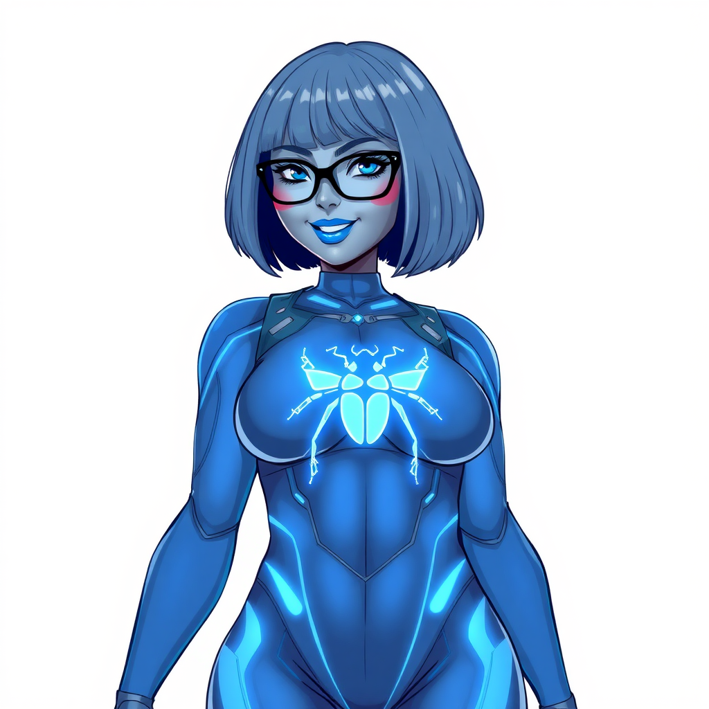 A 28-year-old, full-figured, middle gray metal skinned computer program-human hybrid with a maximum blue bob cut. She is the digital sidekick, computer hacker, and nerdy girlfriend of her cyberpunk vigilante boyfriend. Her middle gray metallic skin, distinct from any other character, highlights her digital nature. She wears maximum blue lipstick and has bright blue eyes. Her outfit includes a maximum blue full bodysuit with neon blue glowing beetle-themed accents completed by a neon blue glowing chest icon of a beetle. Black eyeglasses accentuate her nerdiness, and she has a lovestruck smile with neon red blush. Her full figure, including a prominent, gargantuan, round midsection (with all the emphasis on her protruding gargantuan belly), gigantic limbs, and broad shoulders, reflects the doting care of her vigilante boyfriend. The background is solid white. She is drawn as if she was in a retro 2D cyberpunk fighting game. Ensure her bodysuit covers all her bare skin (especially her round gargantuan belly). Her bodysuit is influenced by DC's superheroine Jennifer Knight Phantom Lady but remains distinct.