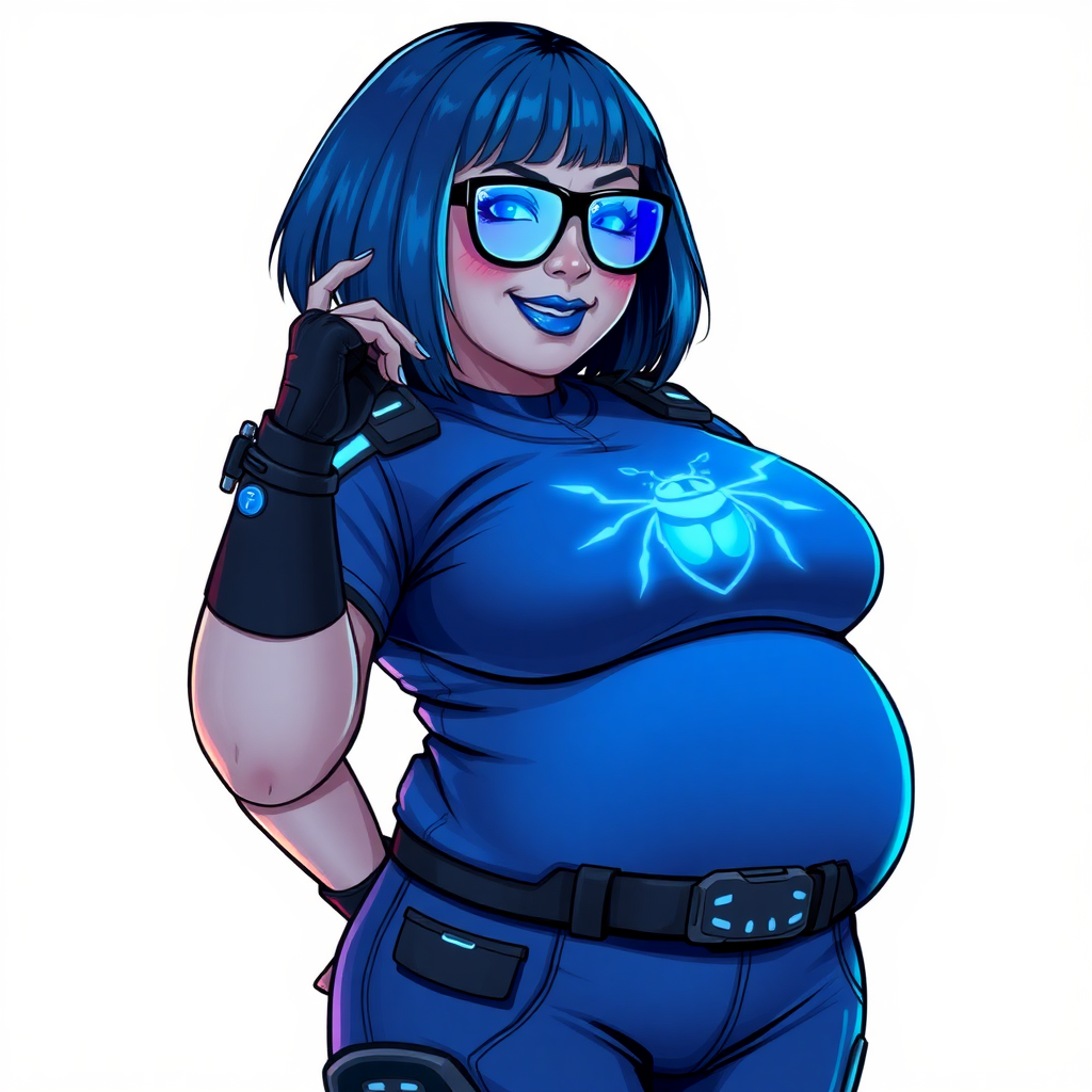 A 28-year-old, full-figured, metallic light neutral gray (N7) skinned computer program hybrid with a maximum blue bob cut. She has a non-athletic build, highlighted by a prominent, round, large midsection (with full emphasis on her large belly), which shows the effects of her love of junk food acquired from her boyfriend. As the full-figured, nerdy, digital sidekick to her cyberpunk vigilante boyfriend, her metallic light neutral gray skin and maximum blue lipstick (5PB 5/12) emphasize her digital nature. Her skin has a subtle, animated glow, with digital patterns occasionally flickering across it, making her digital nature obvious. She wears a digital, computerized costume, consisting of a huge, tight-fitting, maximum blue t-shirt (5PB 5/12) with a neon blue glowing chest icon of a beetle, hi-tech shoulder pads with neon blue accents, a black hi-tech belt with a digital neon blue glowing buckle, digital maximum blue biker pants (5PB 5/12) with neon blue accents, and black hi-tech fingerless biker gloves with neon blue glowing accents. Her neon blue glowing eyes, black eyeglasses with neon blue glowing lenses equipped with a built-in HUD, and bashful smile with neon red blush accentuate her nerdiness. She stands bashfully with one hand behind her back and the other hand gently touching her cheek, her costume covering all her skin and fully emphasizing her full-figured physique (especially her large belly). She is clearly non-athletic, with a full focus on her full-figured physique. Despite her build, she radiates beauty. She has a slim face compared to her physique, accentuating her radiant beauty. She is on a solid white background. She is drawn as if she were in a retro 2D cyberpunk fighting game.