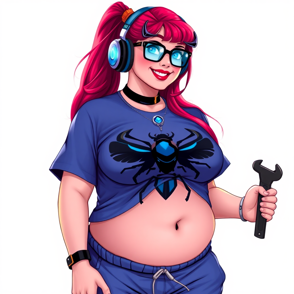 A cyberpunk vigilante’s full-figured intelligent and tech-savvy 29-year-old girlfriend, who is a computer hacker and tech genius. She has a long ruby red ponytail and bright blue eyes. She wears a sapphire beetle gemstone necklace, an oversized Maximum Blue (RGB 71, 171, 204) t-shirt featuring a giant black chest icon of a winged beetle, and matching Maximum Blue sweatpants. She has a full-figured physique with an enormous, well-rounded midsection, reflecting her well-cared-for lifestyle. The midsection is heavily emphasized. She sports a sapphire headset with a hi-tech Maximum Blue (RGB 71, 171, 204) lensed HUD visor, Maximum Blue (RGB 71, 171, 204) lipstick, black eyeglasses, and a beaming smile with a passionate bright red blush. Despite her figure and a lack of self-esteem, she radiates an air of beauty. She has an angular face which contributes to her radiant beauty. She serves as his tech expert from his hideout, holding a holographic tablet and a hi-tech tool wrench. The background is solid white. She is drawn as if she was in a retro 2D cyberpunk fighting game. Make sure her outfit covers her enormous midsection.