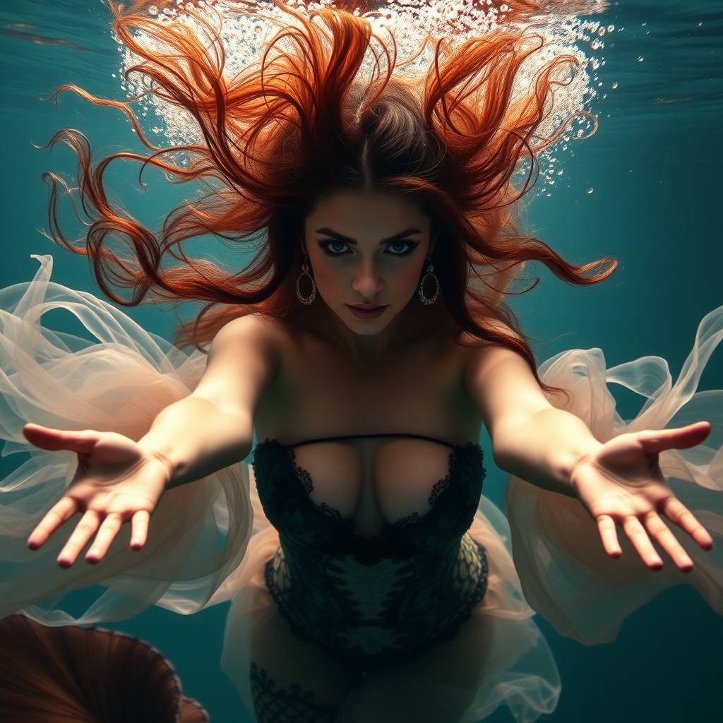 Burlesque Dancer as a mermaid underwater amazing loose flowing hair floating in a nimbus around her beautiful face her arms outstretched towards the viewer and she's looking down into the viewer's eyes making intense eye contact. loose fitting diaphanous. Real DSLR HD Photography. Burlesque