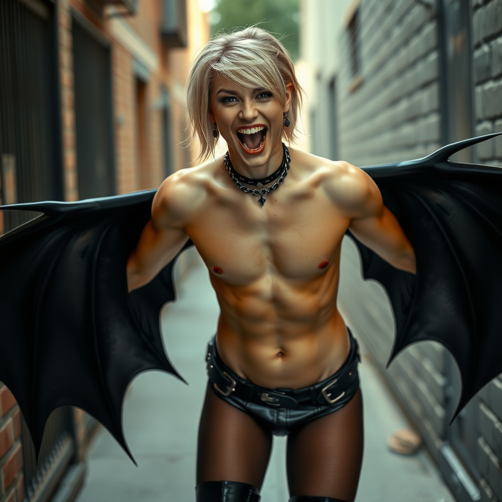 photorealistic, ultra high resolution, 16K, surreal fantasy, soft studio lighting, Tyler Swift is a pretty 18 year old goth male vampire, slim male physique, blonde hair, vampire long canine teeth, goth makeup, earrings, shiny black pantyhose, stiletto knee high boots, chest harness, spikey neck collar chain, in an alley during daytime, excited open mouth smile, vampiric fangs and bat wings showing, bulging crotch, facing the camera.