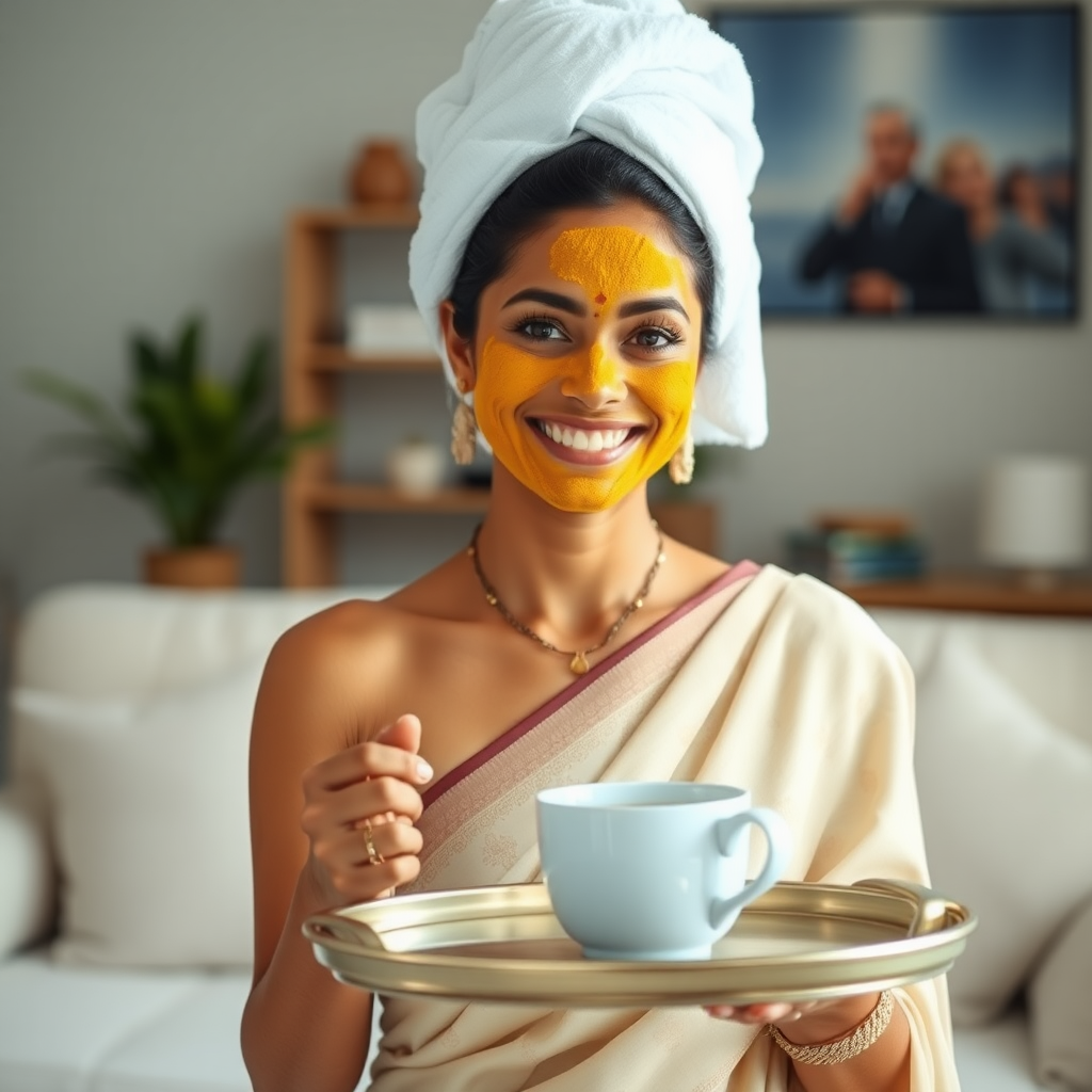 slim, 30 year old, indian Bride, towel head, turmeric face mask, saree. She is smiling and serving coffee on a tray in living room.