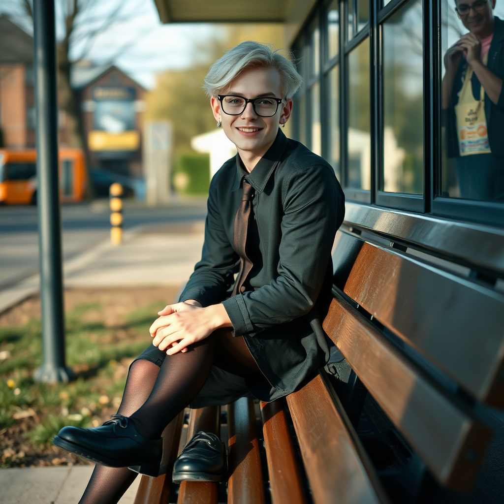 photorealistic, ultra high resolution, 16K, surreal fantasy, soft studio lighting, a pretty 18 year old goth male, slim male physique, short blonde hair, black glasses, goth makeup, earrings, shiny black pantyhose, UK girls-school uniform, Mary-Jane shoes, sitting on his boyfriends lap on a bench waiting for the school bus, in daylight, excited smile, facing the camera.