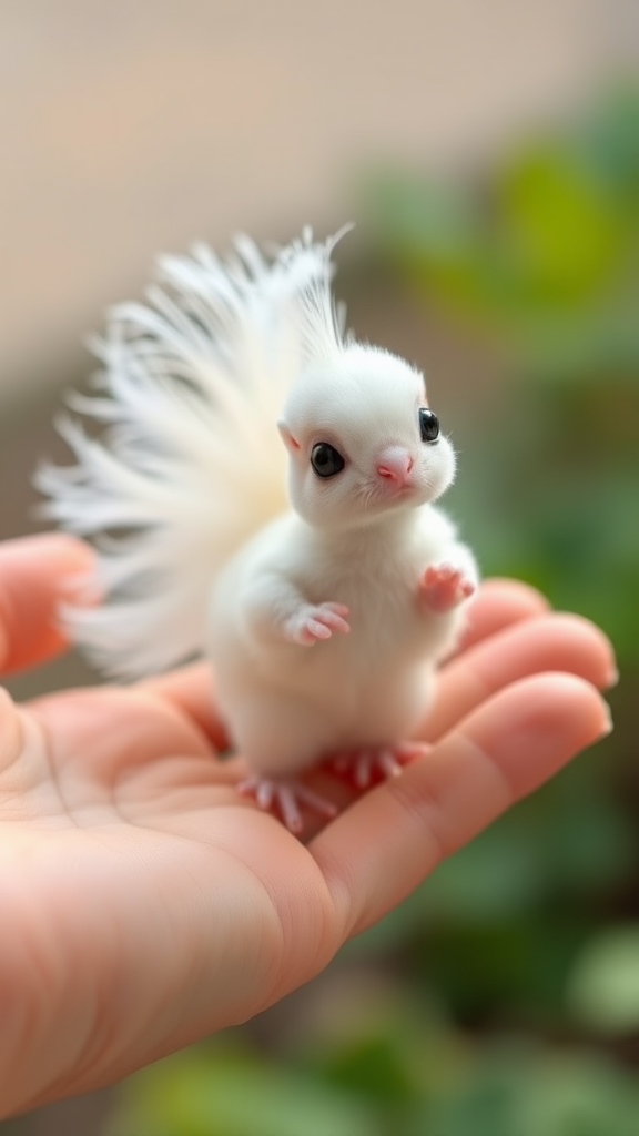 A small tiny cute chubby big eyes big perfect tail real white dancing peacock with tail on hand