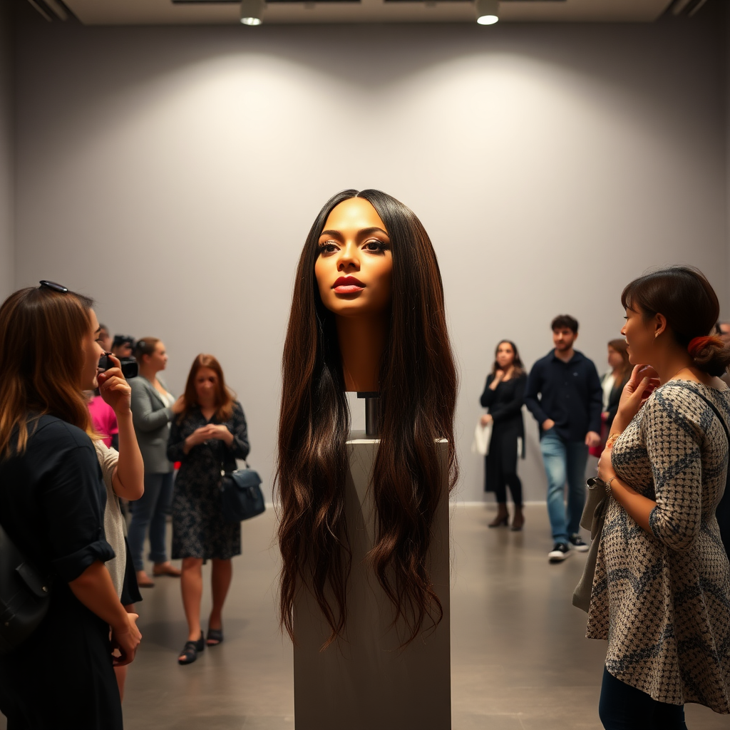 In an enchanting art gallery, a mesmerizing interactive performance art exhibit unfolds, highlighting the stunningly beautiful, very long-haired disembodied head of Beyoncé, elegantly showcased atop a sleek, polished stand. The room is brightly lit, with soft, focused spotlights illuminating her radiant features, accentuating her glossy, flowing hair that cascades down like a waterfall of dark silk. The backdrop is a minimalist, plain gray canvas that expertly contrasts with the vibrant strands of her hair, drawing every eye to the captivating spectacle.

Visitors meander through the space, their fingers twitching with excitement as they gingerly reach out to stroke and style her luxurious locks. The atmosphere buzzes with anticipation and playful fascination, as hushed whispers of admiration ripple through the crowd. Every graceful movement within the gallery is accompanied by a soft rustling of hair as people explore the tactile delight of this extraordinary centerpiece, creating a blend of art and intimacy. The air is alive with a sense of wonder and curiosity, inviting each participant to engage in a whimsical dance of interaction and creativity amidst this unconventional celebration of beauty and artistry.