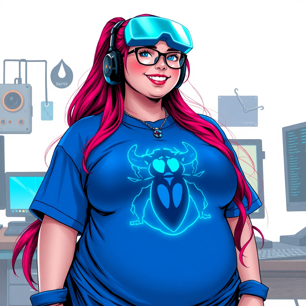 A cyberpunk vigilante’s full-figured intelligent and tech-savvy 29-year-old girlfriend, who is a computer hacker and tech genius. She has a long ruby red ponytail and bright blue eyes. She wears a sapphire beetle gemstone necklace, and an oversized maximum blue t-shirt featuring a giant neon blue glowing icon of a beetle on its chest. She has a full-figured physique with a prominent, gargantuan, round midsection, reflecting her well-cared-for lifestyle. The midsection is heavily emphasized. She sports a sapphire headset with hi-tech maximum turquoise lensed HUD visor, black eyeglasses, and a beaming smile with a passionate bright red blush. Despite her figure and a lack of self-esteem, she radiates an air of beauty. She has a slim face which contributes to her radiant beauty. She serves as his tech expert from his hideout, dutifully working at her workshop with a computer desk and tool bench. The background is solid white. She is drawn as if she was in a retro 2D cyberpunk fighting game. Make sure her shirt covers her round midsection.