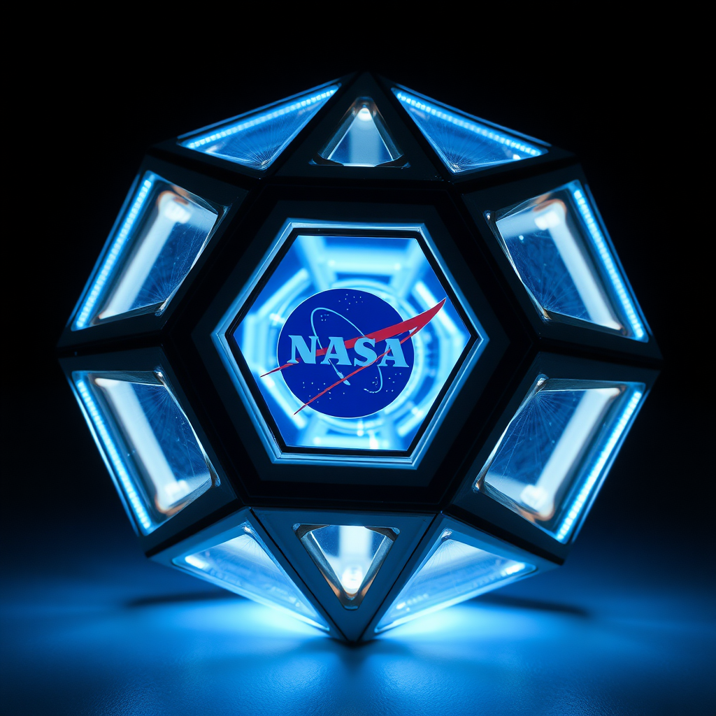 a power source in the shape of icosahedron. it looks like a Space craft, with NASA-like design. inside is glowing blue