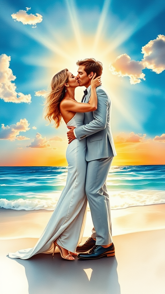 In watercolor painting, In the background, Nicole Kidman and Tom Cruise elegantly dressed, she heels and he patent leather shoes, he passionately kisses the bride, in the background the sea with a beautiful beach, sunset sky with the sun's rays with clouds. 16K ultra-high definition.