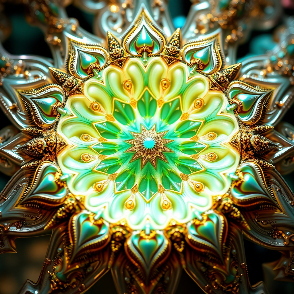 abstract pottery, mandelbulb fractal, sacred geometry, ultra-detailed, dynamic composition, artistic photograph, fractal, brilliant colors, glittering, illumination, transparency, translucent, turquoise, gold, romanticism, sharp focus, floral, mother of pearl, iridescent