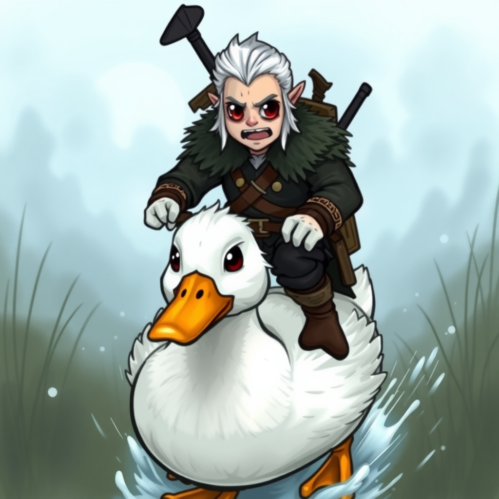 Geralt of Rivia with huge eyes riding a duck