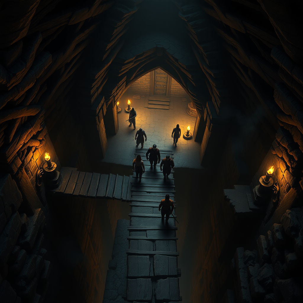 A dungeon crypt seen from above, a wooden bridge across a wide chasm, and the stone floor leading to a room with shambling zombies. Torches light up the place, and a group of adventurers cautiously walk across the bridge with weapons drawn. Photorealistic digital matte painting.