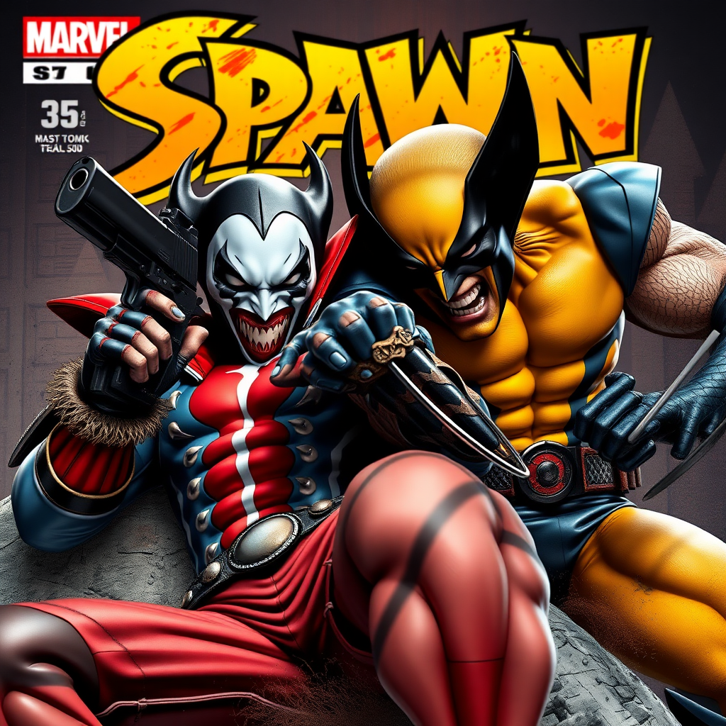 On a comic book cover is Spawn holding a gun Vs Wolverine in Cinematic Real3d photo-realistic quality.