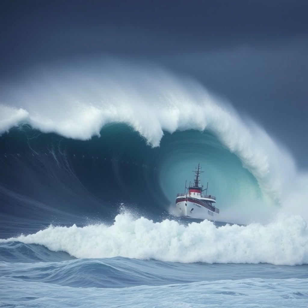 a monster wave at sea with a ship a danger