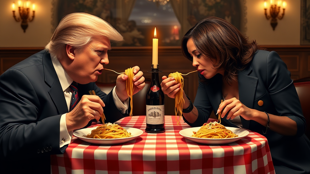 Photoreal style. ratio: 16:9. Donald Trump and Kamala Harris eating in an Italian restaurant a la the one in 'Lady and the Tramp.' Checkered tablecloth, Chianti bottle used as a candle holder. Both humans are eating spaghetti from the *same* plate with their hands, and end up eating the same piece of spaghetti, making their heads meet.