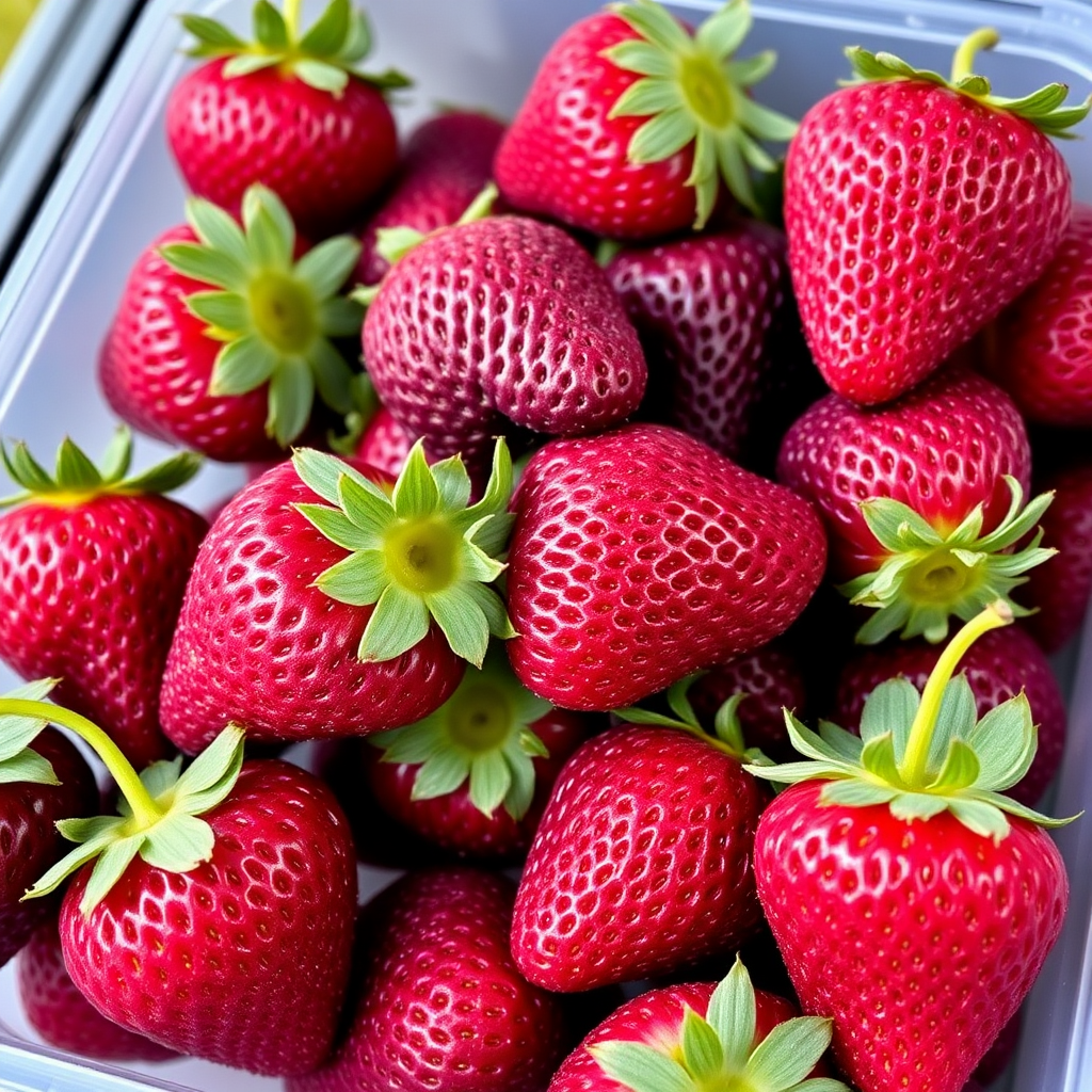 purple colored strawberries in a plastic container