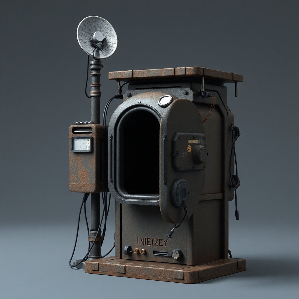 A full shot image of a stand, 3d model in unreal engine of a scifi interdimensional mailbox with a open door, on the side of it is a pole with a satellite dish on top. lots of cables connecting the satellite and mailbox, small lights and buttons on the mailbox. rustic texture, futuristic design.