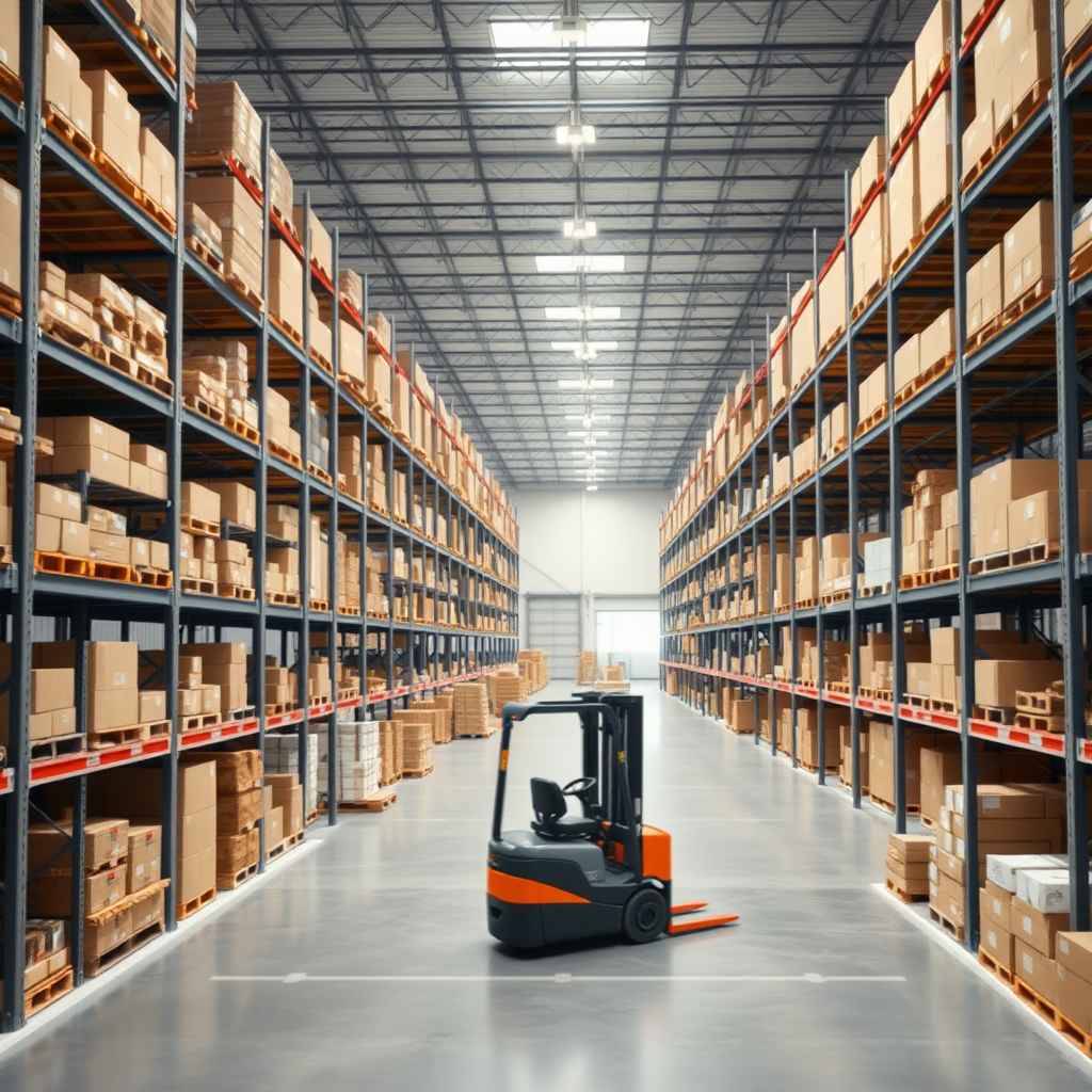 Create a high-resolution stock photo of a modern warehouse interior. The scene should include tall shelves filled with various boxes and products, a spacious layout with clear pathways, and bright overhead lighting. Include a forklift. The overall atmosphere should convey efficiency and organization, with a clean and professional look. NO text.