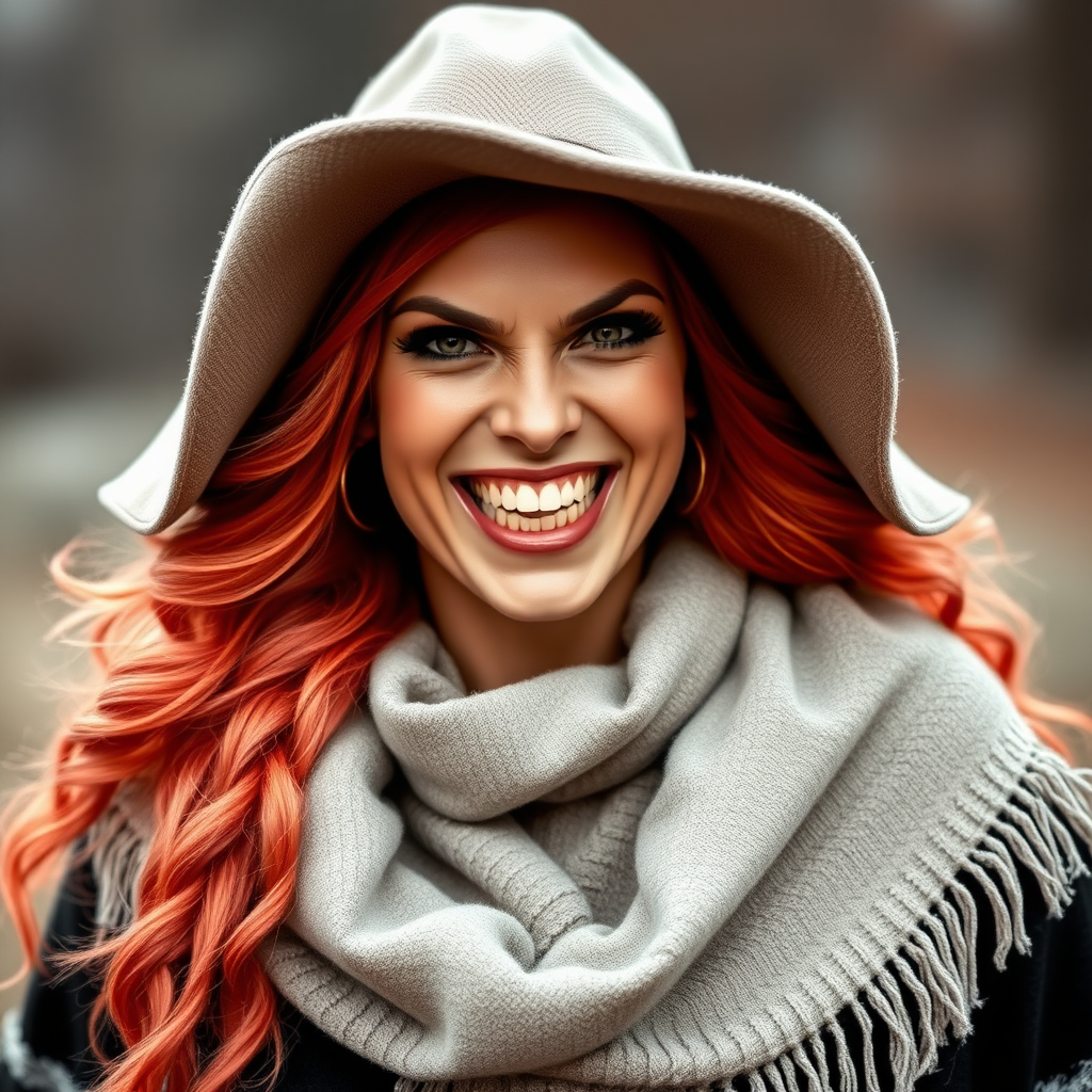 A sassy woman with long, strawberry blonde hair, wearing a poncho, wide-brimmed hat, and she's grinning menacingly