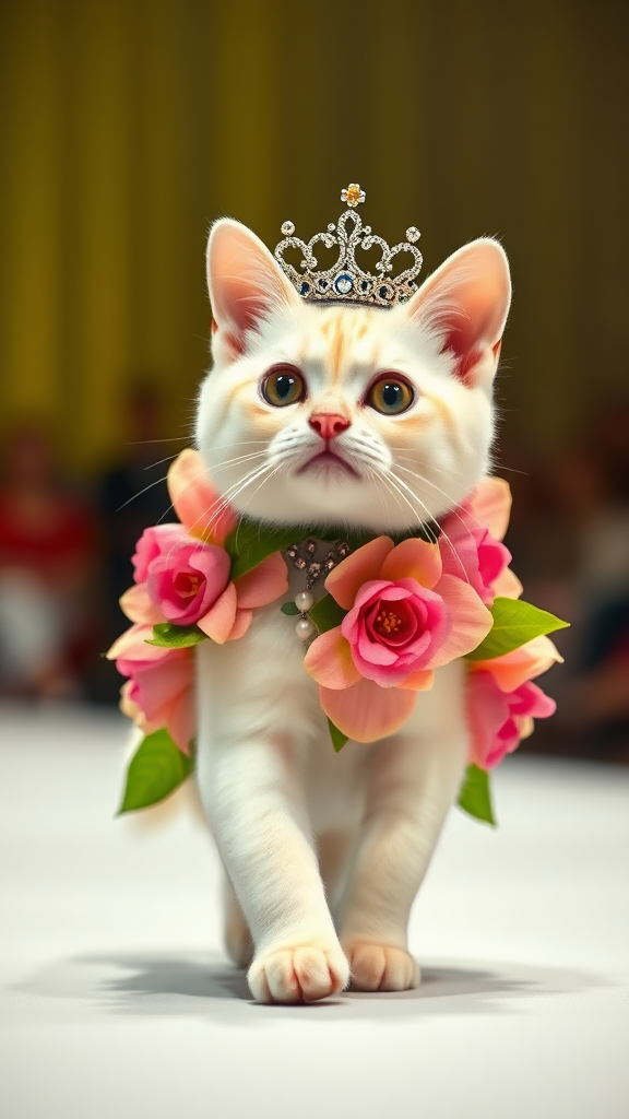 A little chubby big-eyed pink-nosed white cat walking on two paws wearing a real flower costume and a beautiful crown doing a ramp walk in a fashion show.