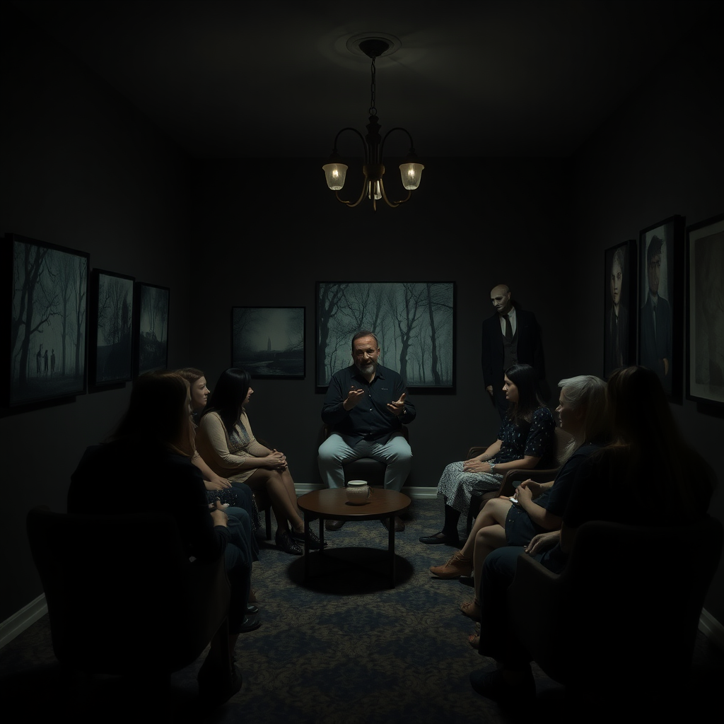 A dimly lit room where Rafael leads a support group, with participants sharing their haunting experiences. The walls are adorned with eerie photos of the park, creating an unsettling yet hopeful atmosphere.