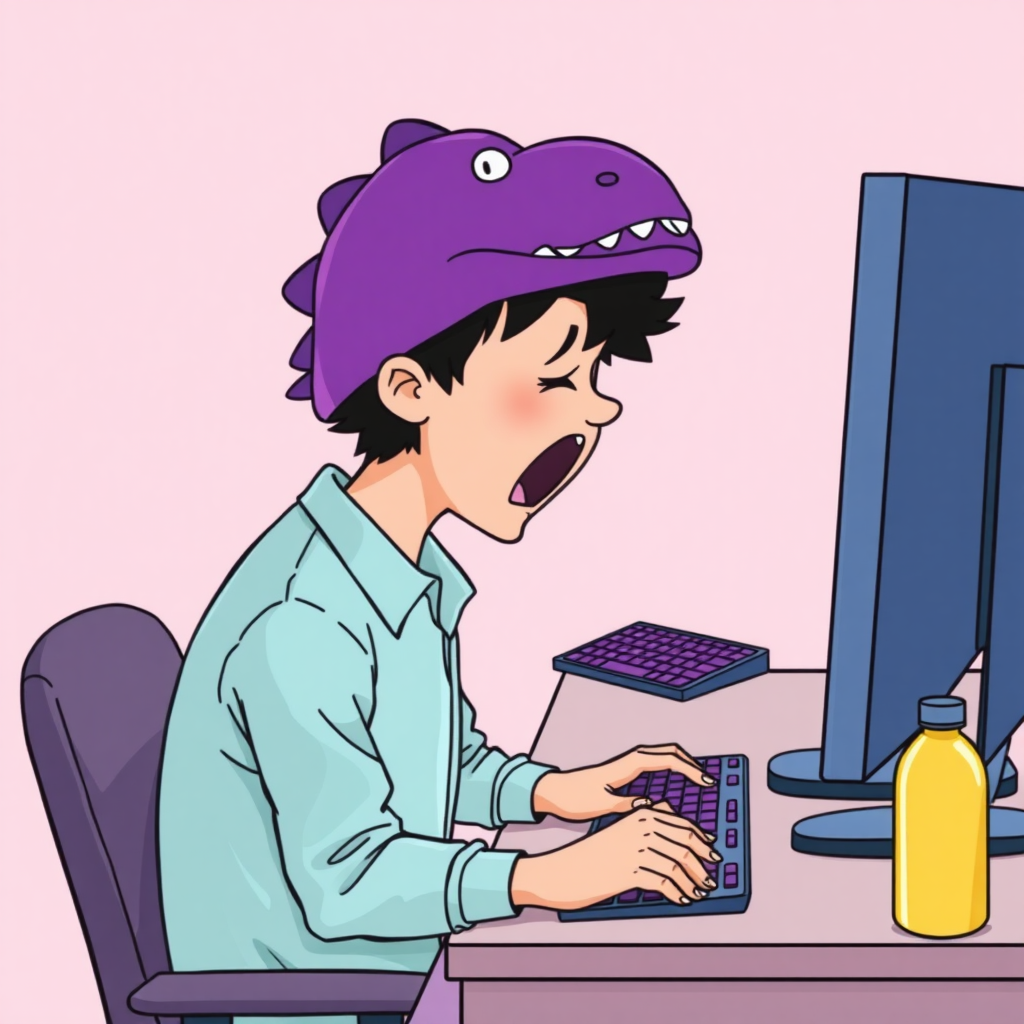 A high-quality illustration of a person sitting at a desk in front of a computer, yawning, with a purple dinosaur-themed cap and light blue shirt. The desk has a computer screen, a keyboard with purple keys, and a yellow bottle beside it. The view is the same as the original image with a light pink background and similar details, but the person now has a dinosaur cap instead of the original one.