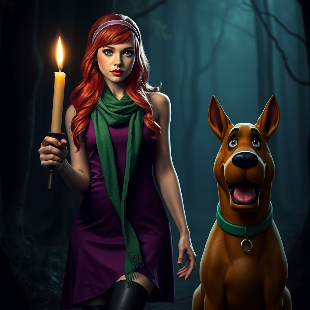 masterpiece, full body Daphne Blake, looks like Sarah Michelle Gellar, hyper realistic, realistic face, detailed face, wears headband and purple dress and green scarf, high boots, long red hair, is holding a lit up candle in the dark, next to a realistic dog that looks like Scooby Doo. She is in a very dark creepy forest. Marvelous, awesome, beautiful. Perfect hands, high detailed face, detailed skin, perfect eyes, eyeliner, large lashes, 60s look style, sexy, spicy look, scooby doo, front view, glitter