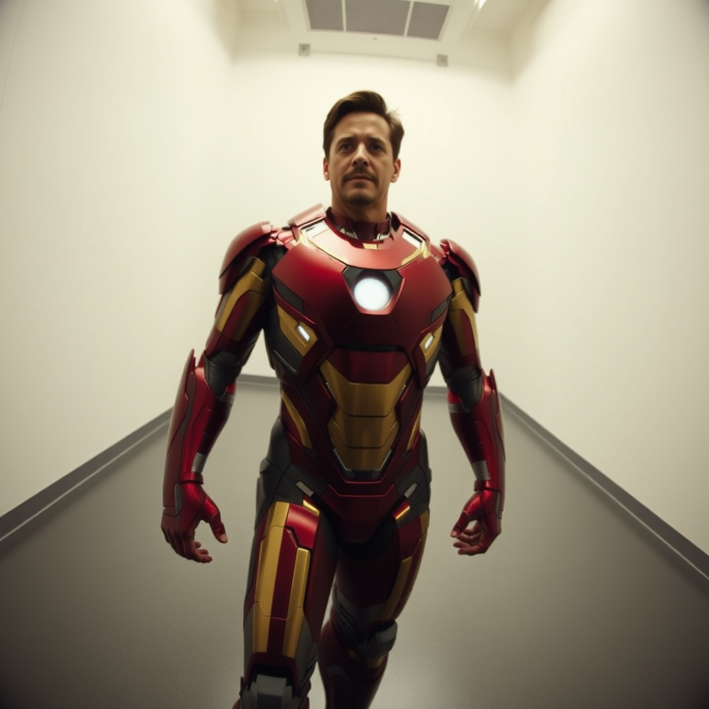 A wide-angle shot of Tony Stark standing proudly in a clean, high-contrast environment, without the Iron Man suit or mask, from a low-angle perspective, highlighting his strong physique and confident expression as he looks out at the viewer.