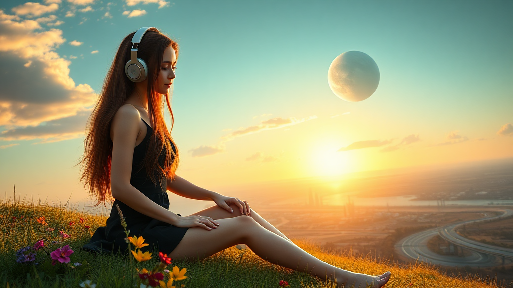 pretty azian woman long hair, pretty short black dress, sit on the grass with flowers, with headphone, alien planet, aliens buildings, with nice greenery flowers and rivers, beach, nice sunset, highways and streets, ultra realistic view high detail