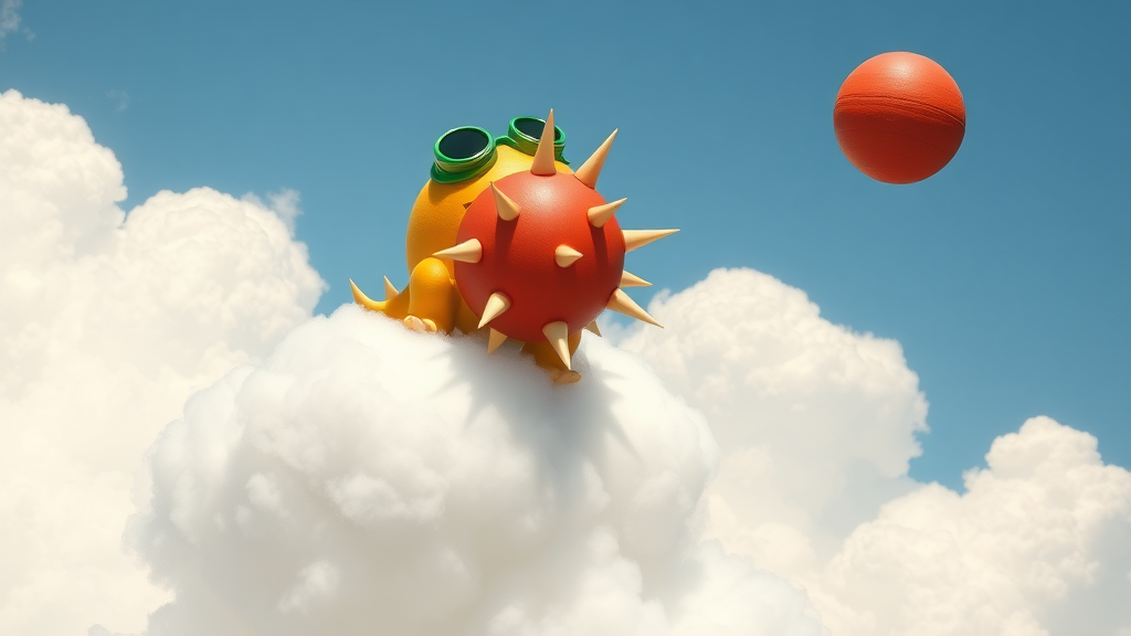 Exterior. Day. A round yellow creature with green goggles riding a puffy white cloud. It throws a round red ball with large ivory spikes.