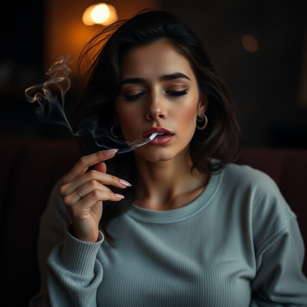 beautiful woman smoking and crying