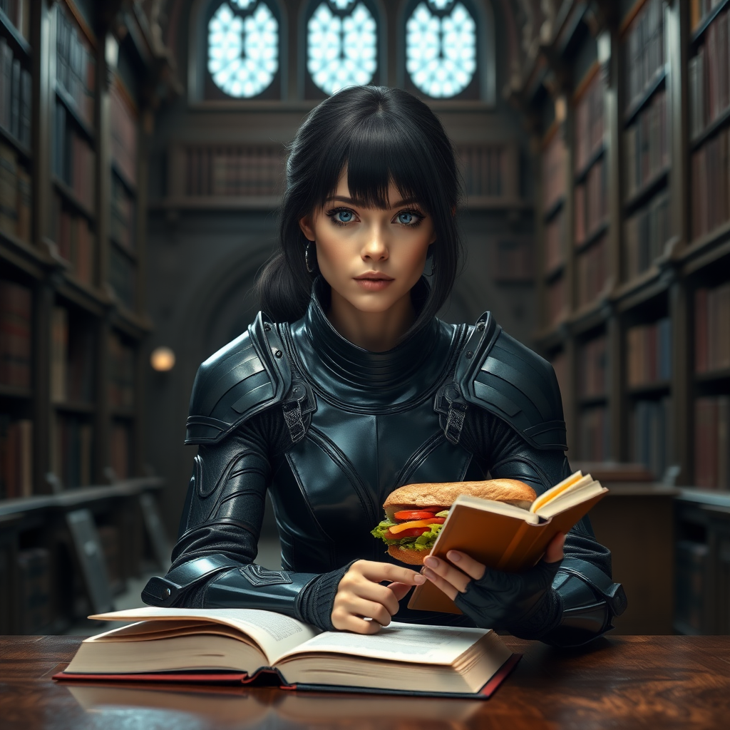 beautiful young woman, dark hair past her shoulders, blue eyes, small, slim figure, wearing full leather armor suit, sitting, sandwich on the table, reading a book, in a grand old library.