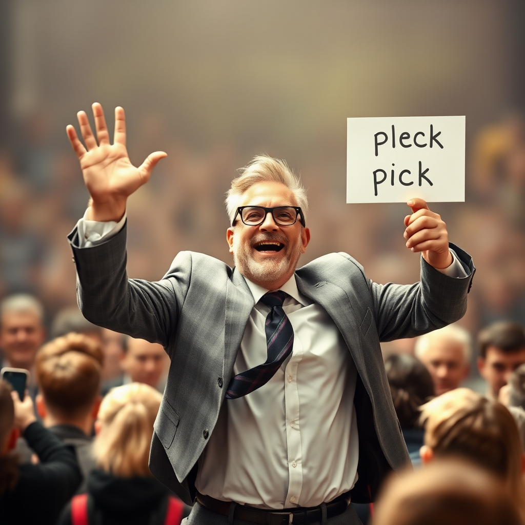 An ethereal mystic businessman eagerly jumps out of a crowd raising and waving his hand. His other hand holds a sign that reads "Please pick me!"