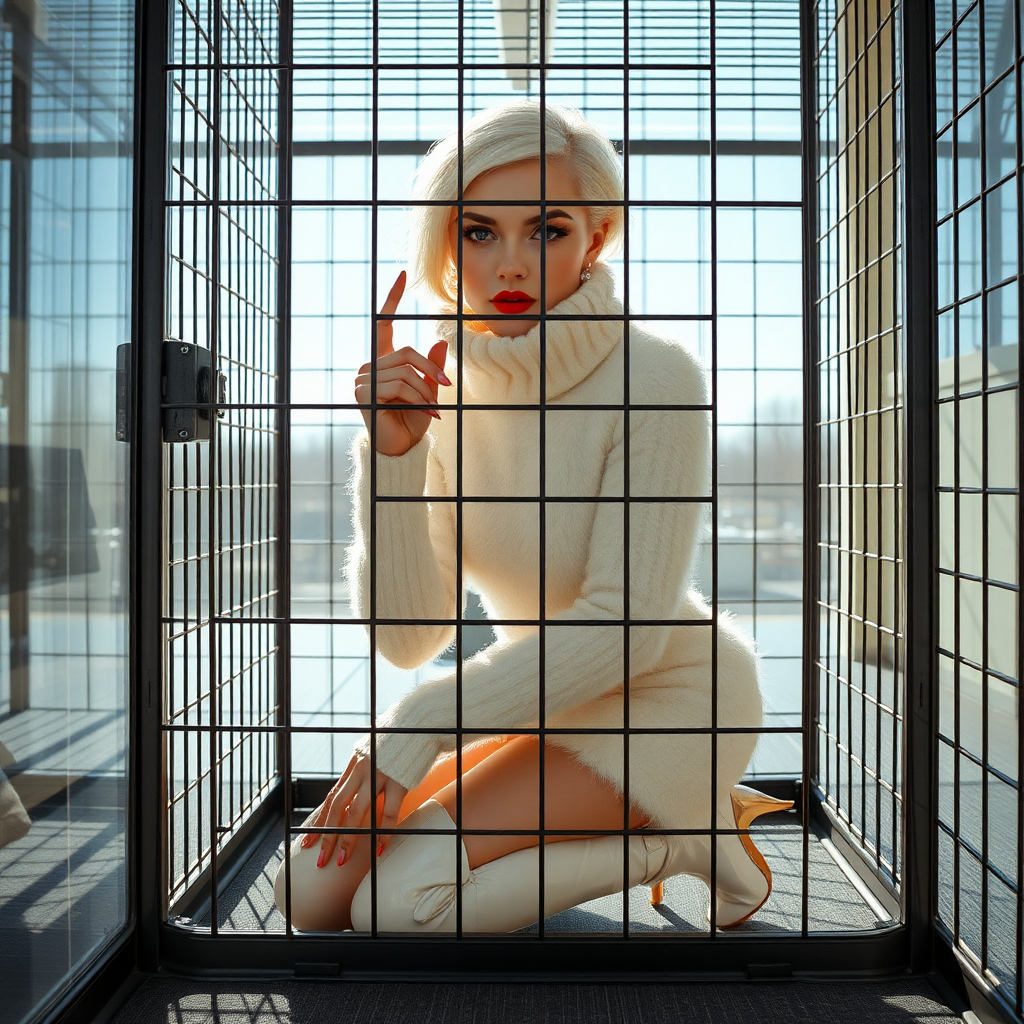 Sunny spring morning, modern glass-steel-concrete office, kneeling inside locked small steel cage, waiting for the master: Ana, European 17 years old very convincing femboy “trophy-bimbo”, tamed servile docile, very beautiful feminine flawless face, rather short boyish figure, platinum blond short tight curls, bold red lips, heavily made-up face, long French nails, wearing Supertanya-style chunky fluffy very fuzzy bright white plushy mohair figure-hugging turtleneck-knitdress with white pearl decoration, white vinyl thigh-high boots with golden heels white fur trim, pearl earrings, serious, leaning forward presenting her assets, arrogantly looking through grid at camera. Full view of office.