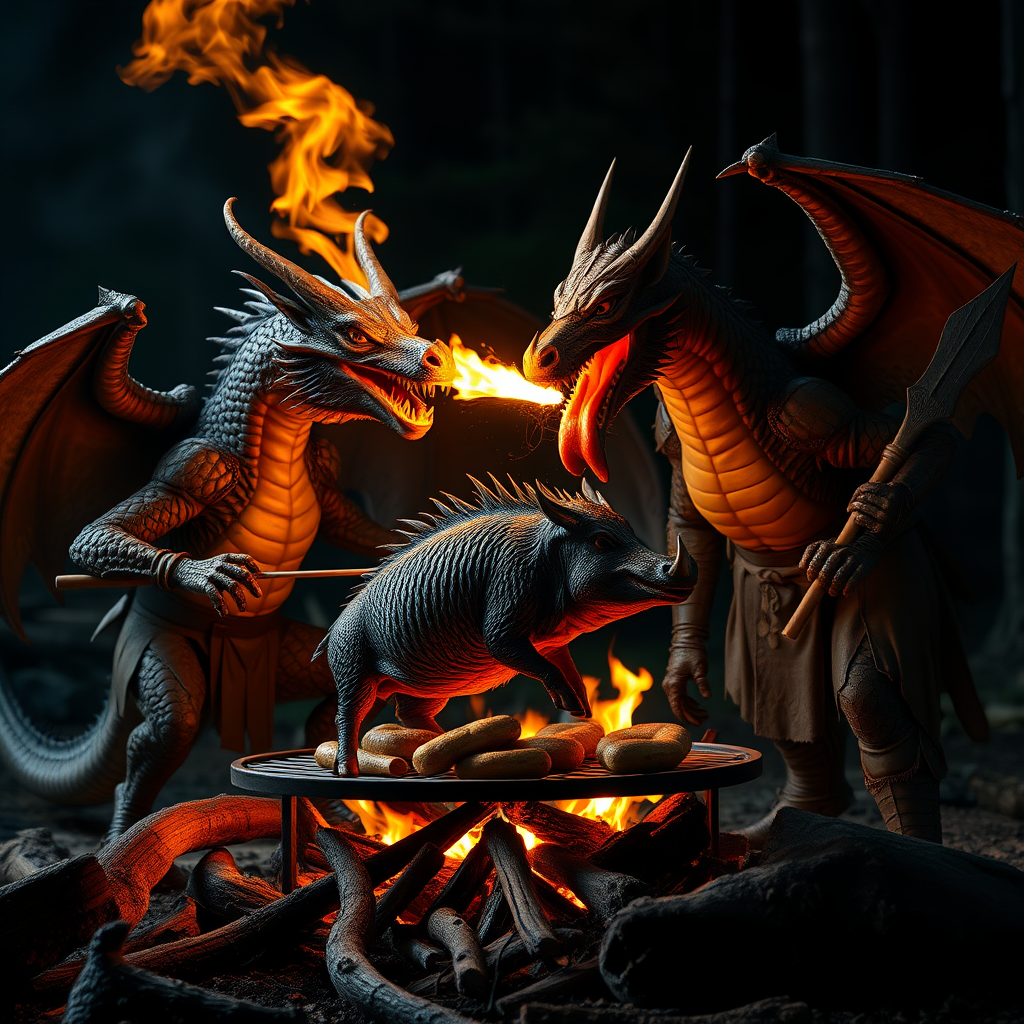 a dragon and a warrior roast the boar on the grill over a campfire, and the dragon spits fire out of its mouth to roast the wild boar.