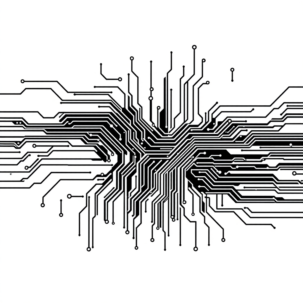 Solid Black Digital Computing Circuit & Data Artwork Clip Art Style Filling Entire Image On Solid White Background