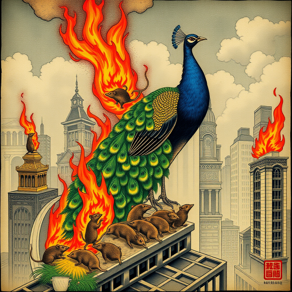 A peacock saving rats from a burning skyscraper, Chinese woodcut, Catholic