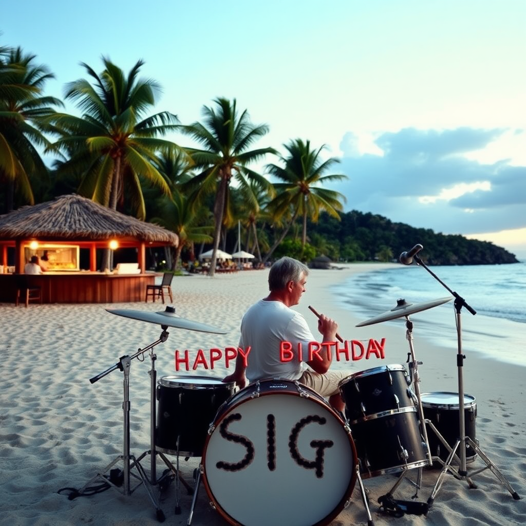 Simon Phillips sitting on Drumset on beach with Palms and bar, bassdrum spelling the words "Happy Birthday Sigi"