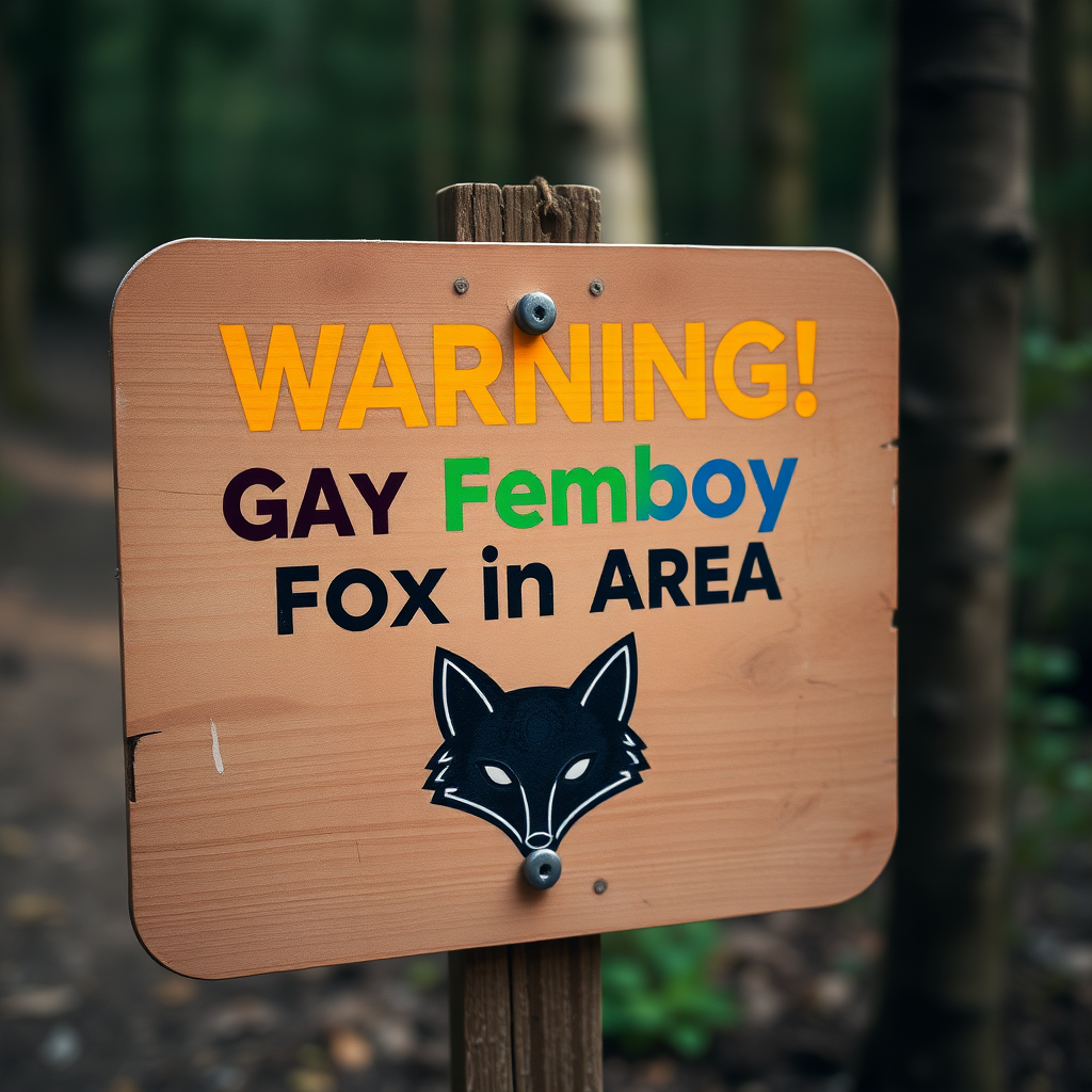 An in-focus photo of a worn wooden sign in the woods that says "Warning! Gay Femboy Fox in Area" in rainbow colours, the sign has a black fox logo with white eyes below the text.