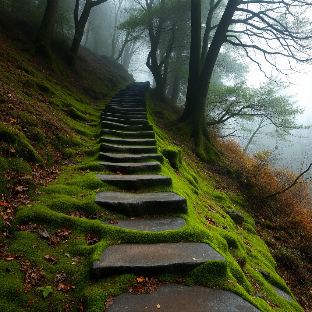 stepping stones leading up a hill that is overgrown in moss, trees, mist, raw photo