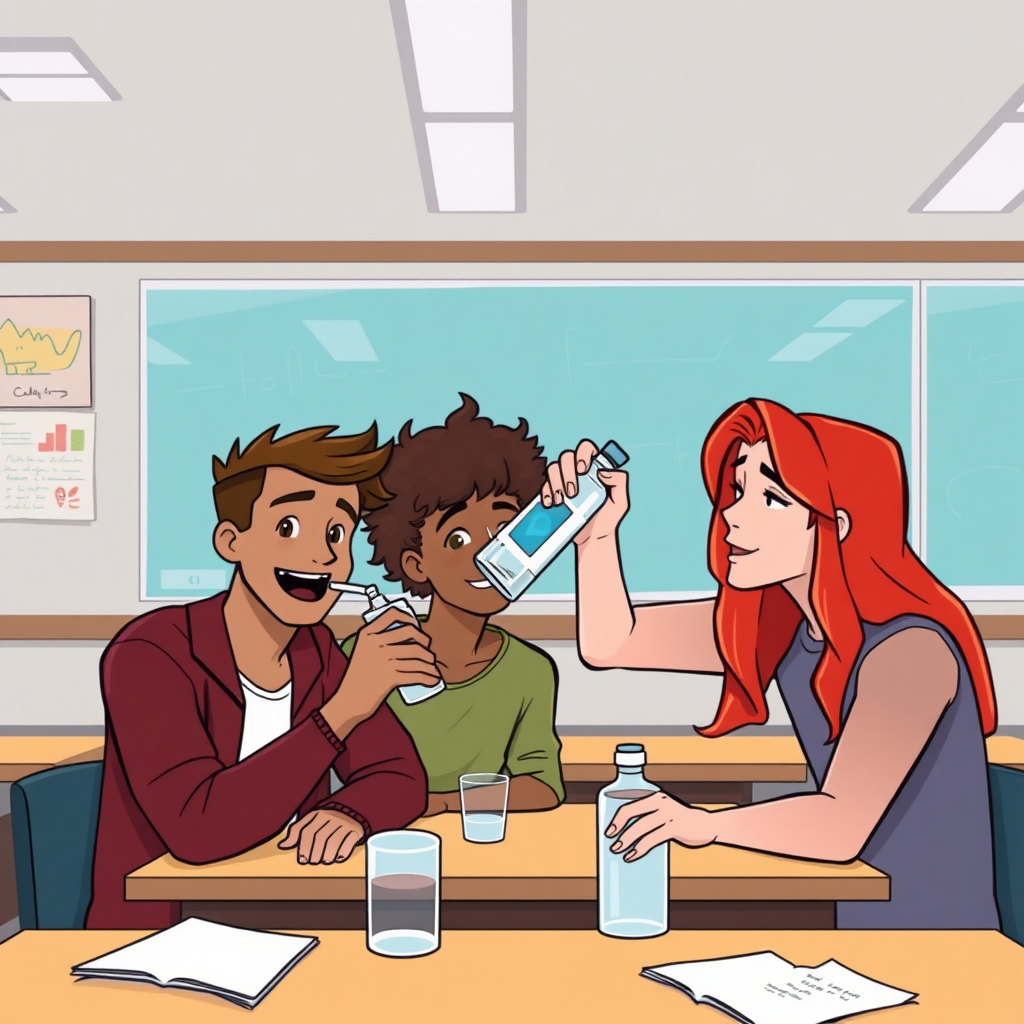 A Black person with wavy hair, a short-haired curly redhead guy, a long-haired brown guy, and a non-binary person with red hair are all drinking a bottle of vodka together in a classroom at school during a class in an animated style.