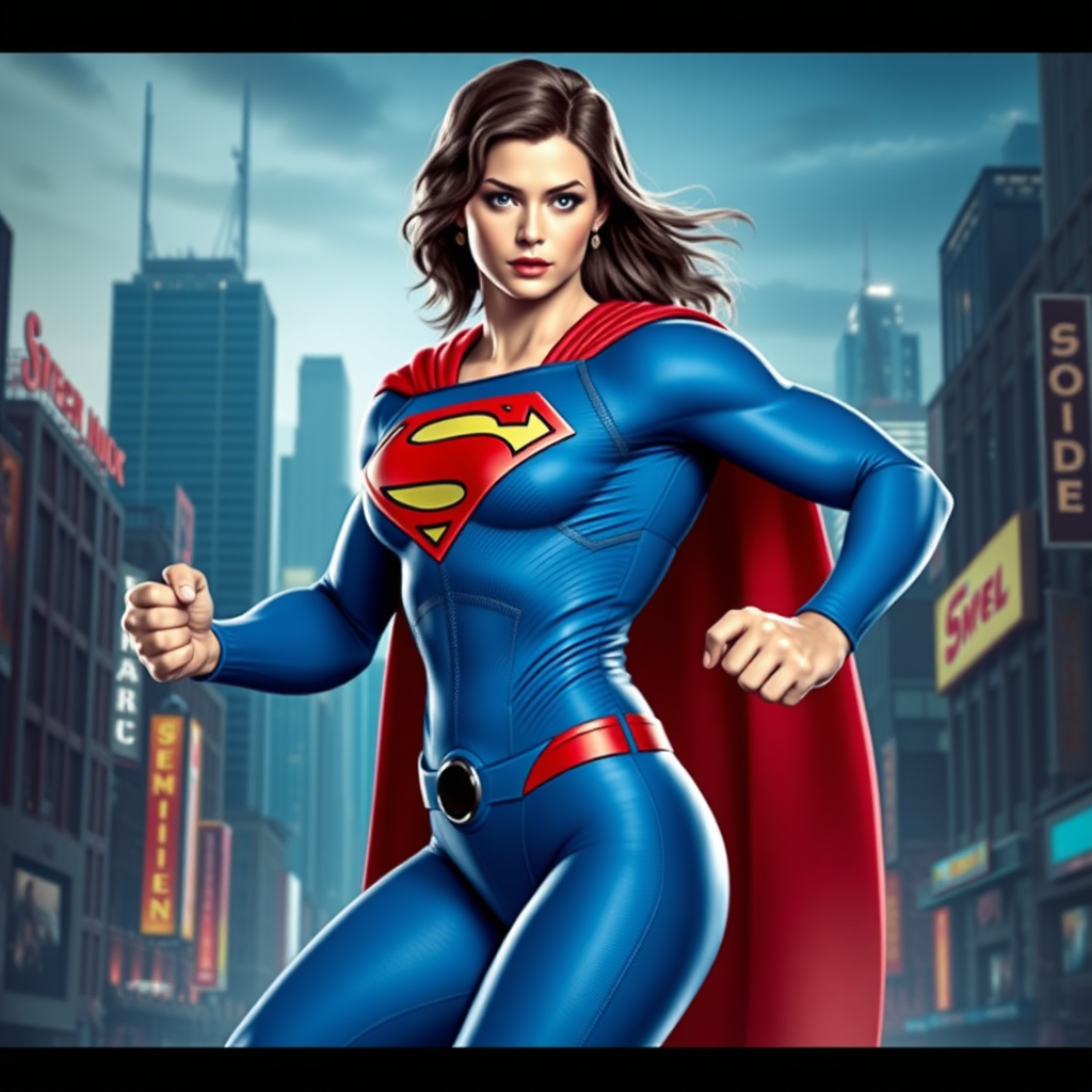 Full-length render: Hybrid superhero merging Superman's head, hair, costume on Chun-Li's athletic body. Adapt iconic blue suit, red cape, 'S' emblem to fit feminine physique. Maintain Superman's facial features, hairstyle. Background blends Metropolis skyline, futuristic skyscrapers, neon signs reminiscent of Street Fighter stages. Dynamic pose showcasing strength, agility. Dramatic lighting emphasizes heroic presence. Crisp details, vibrant colors. Seamless fusion of DC Comics, fighting game aesthetics. Photorealistic style, cinematic composition.