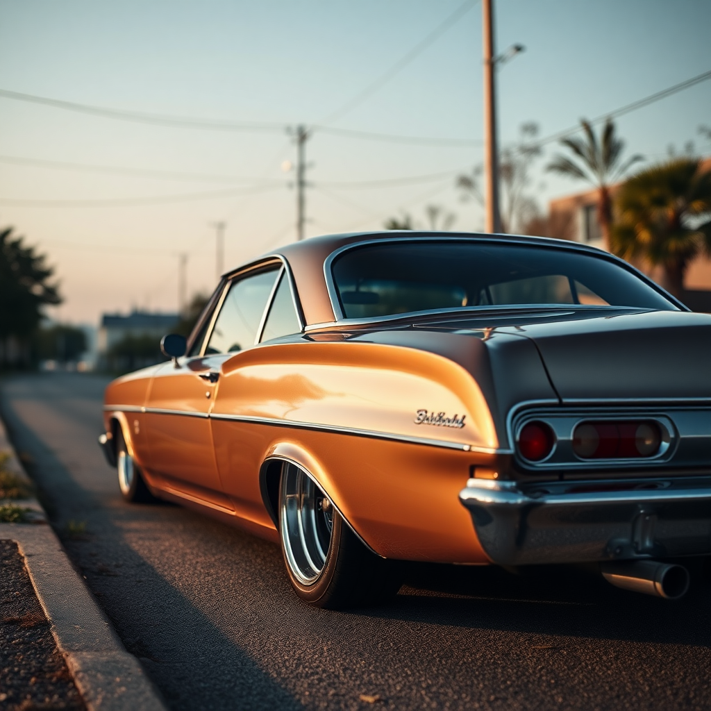 the car is parked on the side of the road, inspired by Taiyō Matsumoto, tumblr, restomod, nd4, c4 metallic shine classic american low rider car