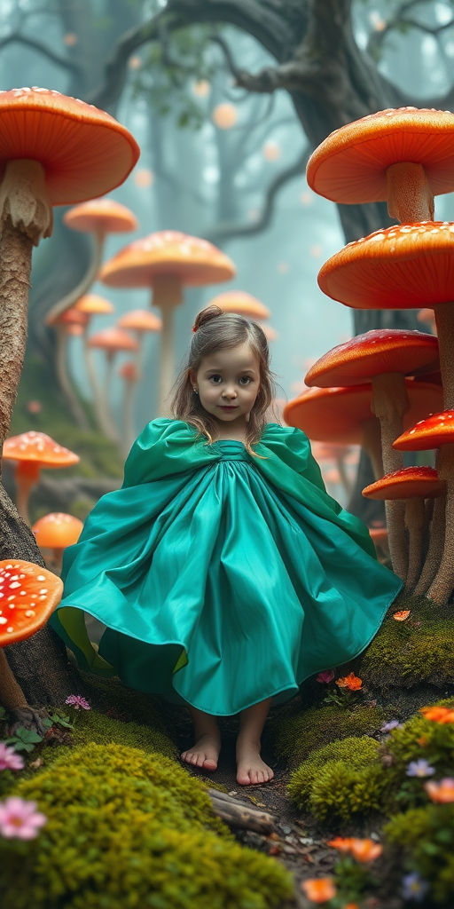 In a sprawling, whimsical landscape, a tiny girl finds herself dwarfed by her surroundings, lost in a world that feels impossibly vast and enchanting. Her oversized dress, an opulent cascade of shimmering silks in shades of emerald, cerulean, and coral, envelops her like a silken cocoon, flaring out dramatically around her delicate frame. Each gentle movement sends ripples through the fabric, creating a fantastical ballet of vibrant colors and intricate patterns that seem to dance in the soft breeze.

Her wide, expressive eyes, sparkling with a mix of wonder and trepidation, shine through the billowing layers of her dress. They reflect the kaleidoscope of sights around her—from the towering, spiraled mushrooms that reach toward the sky like brightly colored skyscrapers, to the soft, glowing orbs of light that flicker and float lazily through the air, illuminating her path with a warm, ethereal glow.

She stands on an exquisitely textured carpet of moss, plush and springy beneath her tiny bare feet, while the air around her is filled with the intoxicating scent of blooming wildflowers, sweet and lingering. The gentle rustle of leaves from enormous trees, their bark twisted and gnarled, provides a soothing melody that envelops her in a comforting embrace.

As she takes a hesitant step forward, the world responds to her presence; the oversized flora seems to lean closer, as if curious about this little girl who doesn’t quite belong. The atmosphere is thick with magic, holding promises of adventure and discovery, propelling her forward into this enchanting realm, where every twist and turn brings new possibilities and hidden wonders.