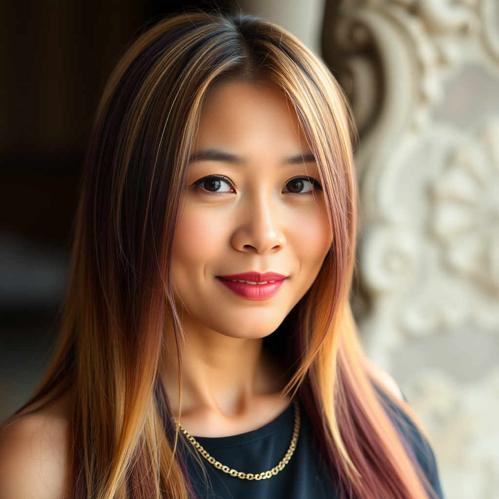 A 45 Year young North-East Thai Woman with gold and violet colored long straight Hair and a fine Gold chain.