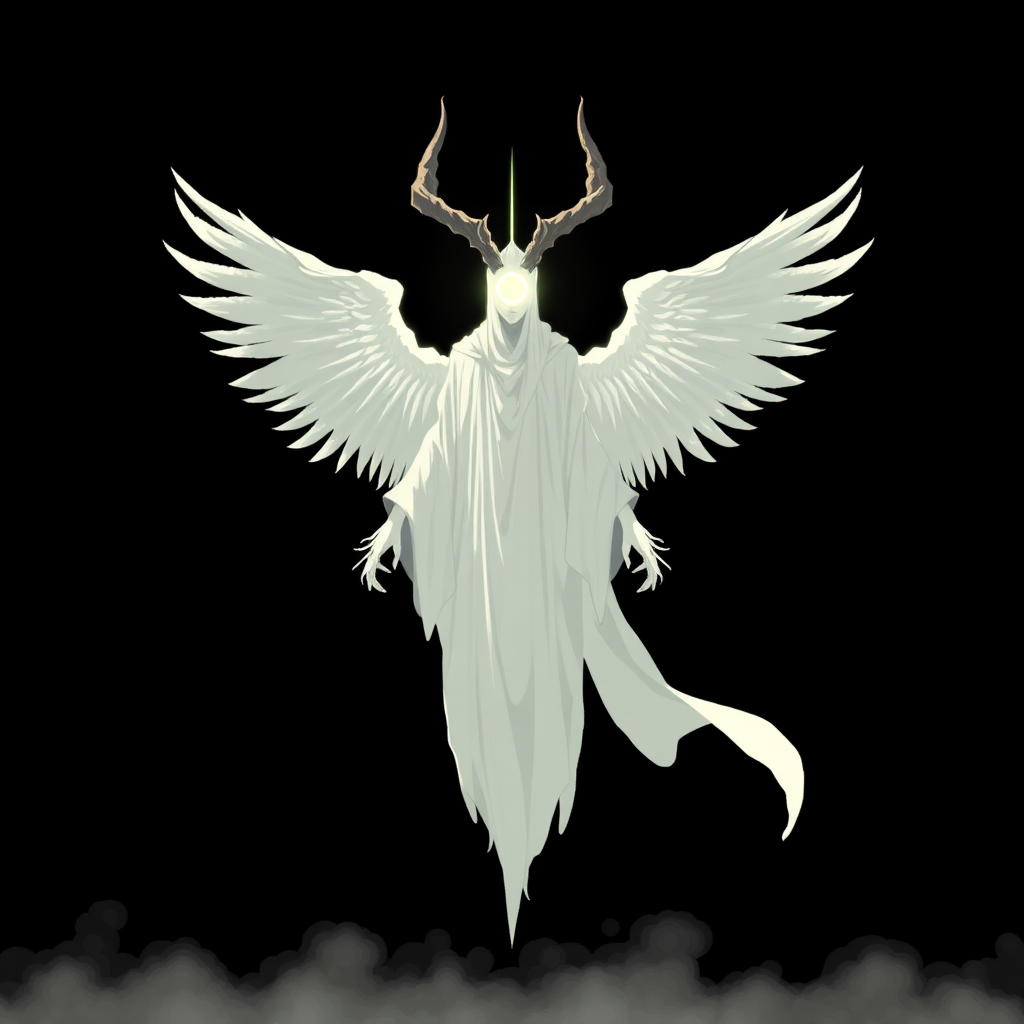 (Anime Pixel-styled art) Black background, the eerie figure of Yaldabaoth, the Demiurge, emerges in stark contrast. Towering and ghost-like, his form is tall and ethereal, a spectral white silhouette that seems to glow with an unsettling luminescence. His face is hidden beneath frontside a strange and eerie circular light, radiant and blinding, with a single eye symbol hauntingly suspended within the glow. His head is crowned by four jagged, imposing horns, adding to his menacing yet angelic presence. Draped in flowing robes of white and black, Yaldabaoth's appearance straddles the line between celestial and terrifying. Four majestic angel wings unfurl from his back, their divine beauty twisted by the sinister aura that surrounds him. Floating effortlessly in mid-air, his entire form is visible—a full-body view as his arms extend outward, as if preparing to unleash a powerful, otherworldly force. His presence commands awe and fear, a terrifying blend of celestial grace and eerie malevolence.