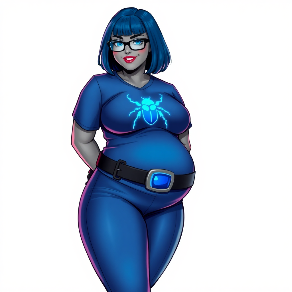 A 28-year-old, full-figured, middle gray metallic-skinned computer program-human hybrid with a maximum blue bob cut. She has a non-athletic build, highlighted by a prominent, round, midsection. As a digital sidekick, computer hacker, and nerdy girlfriend to her cyberpunk vigilante boyfriend, her middle gray metallic skin and maximum blue lipstick emphasize her digital nature. She wears a costume consisting of a tight-fitting, maximum blue t-shirt (that accentuates her figure especially her belly) with a neon blue beetle chest icon, a black belt with a sapphire scarab buckle, maximum blue pants, and black gloves. Her bright blue eyes, black eyeglasses, and lovestruck smile with neon red blush accentuate her nerdiness. She stands bashfully with her hands behind her back, her costume covering all her skin. Her full-figured physique is fully emphasized and clearly not that of an athletic person. She is on a solid white background. She is drawn as if she was in a retro 2D cyberpunk fighting game.