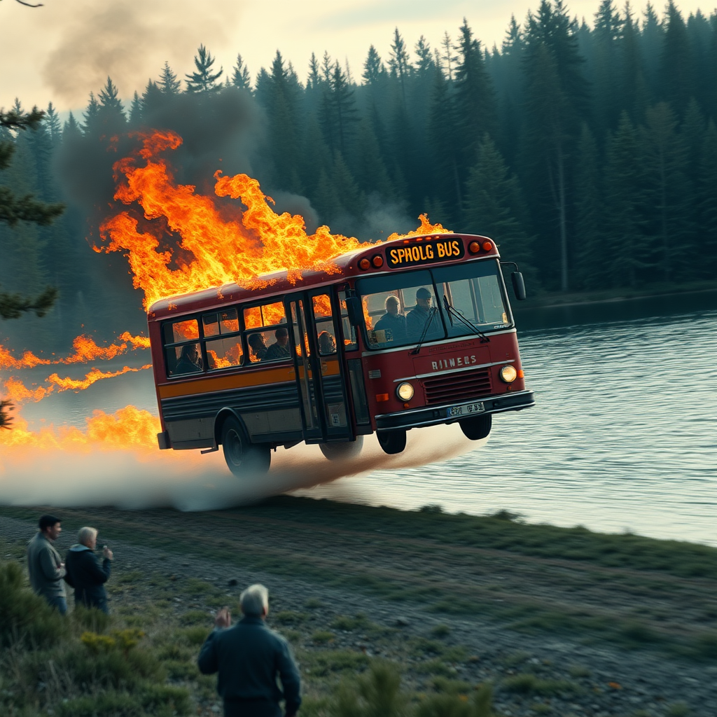 burning minibus speeding through a forest to a lake leaving a burning trace, radio waves controlling him in the air, people waiting at the bus stop